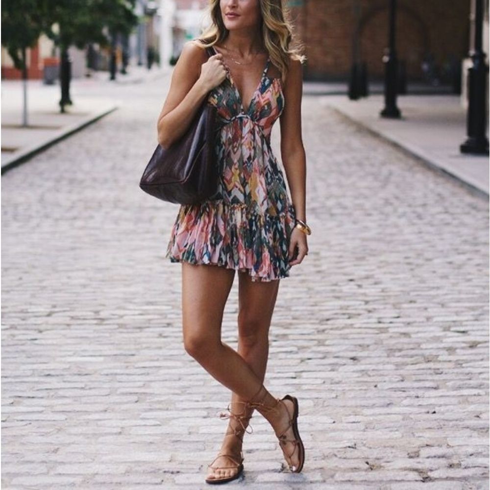 RARE Free People FP One Green Pink Sumia Tiered Cut Out Sides Mini Dress Size L